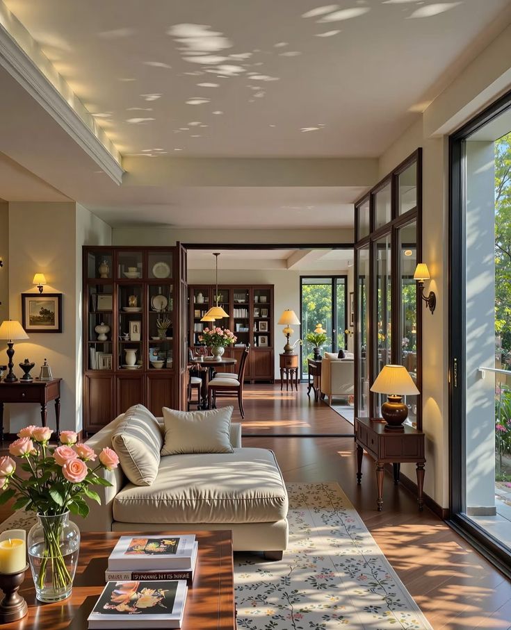 Luxurious living room with elegant decor, cozy seating, and large windows inviting abundant natural light and garden views.