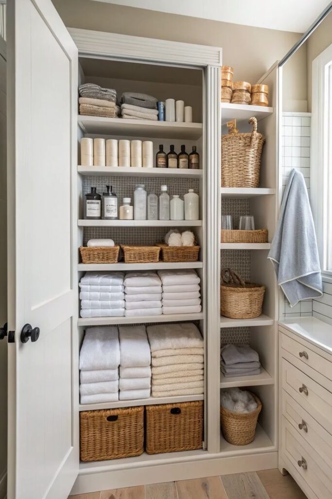 Organized linen closet with neatly folded towels, baskets, and bath essentials in a bright bathroom setting.