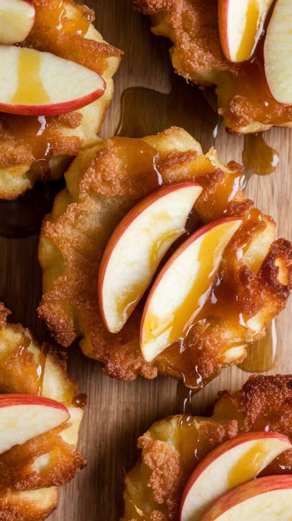 Baked Apple Fritters - Handy Home Crispy apple fritters drizzled with honey, showcasing a delicious golden-brown texture on a wooden surface.