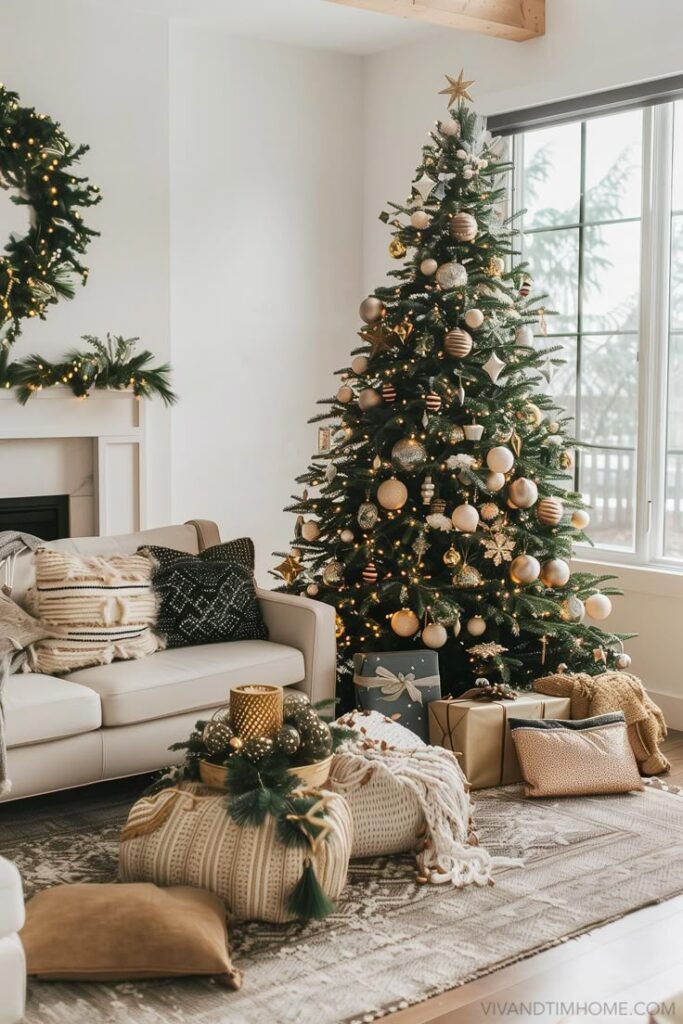 Beautiful Christmas Tree Ideas to Make Your Holidays Magical 🎄✨ - Handy Home Cozy living room with a festive Christmas tree, elegant ornaments, gift boxes, and a comfy sofa adorned with decorative cushions.