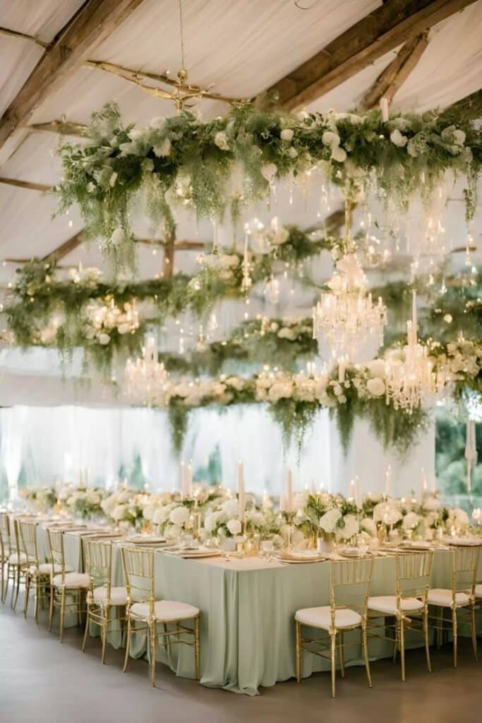 Elegant wedding reception with floral chandeliers, gold chairs, and lush greenery over a long dining table.