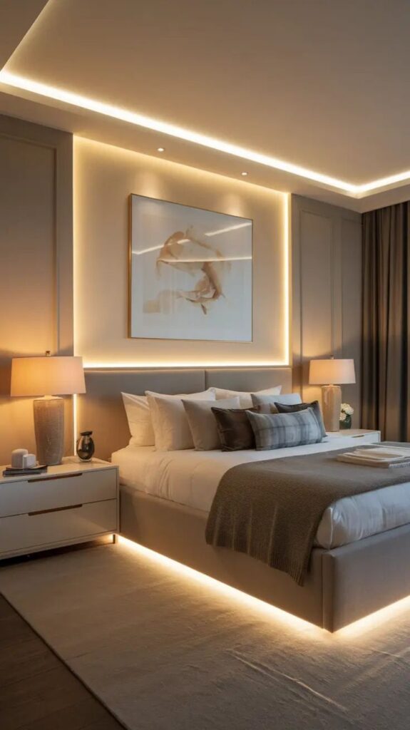 Modern bedroom with ambient lighting, cozy bed, and elegant decor for a serene atmosphere. Luxurious design with warm tones.
