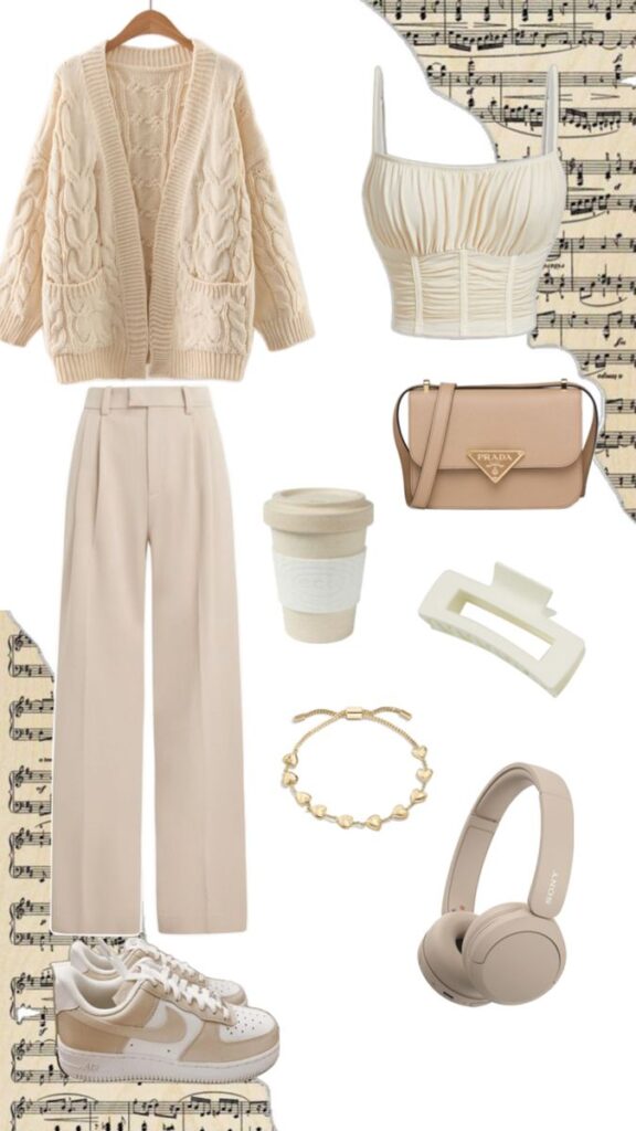Stylish beige outfit with cardigan, crop top, trousers, sneakers, bag, headphones, bracelet, and coffee cup on sheet music background.