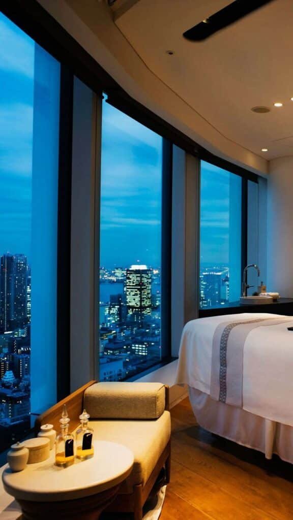 Luxurious hotel room with a stunning cityscape view at dusk, featuring floor-to-ceiling windows and elegant decor. Relaxation at its best.