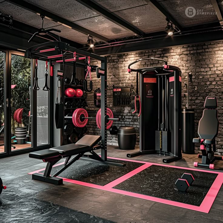Black and Pink Home Gym Set Up in a Converted Garage - Handy Home Modern home gym with pink-accented equipment, weights, and benches in an industrial-style setting with brick walls.