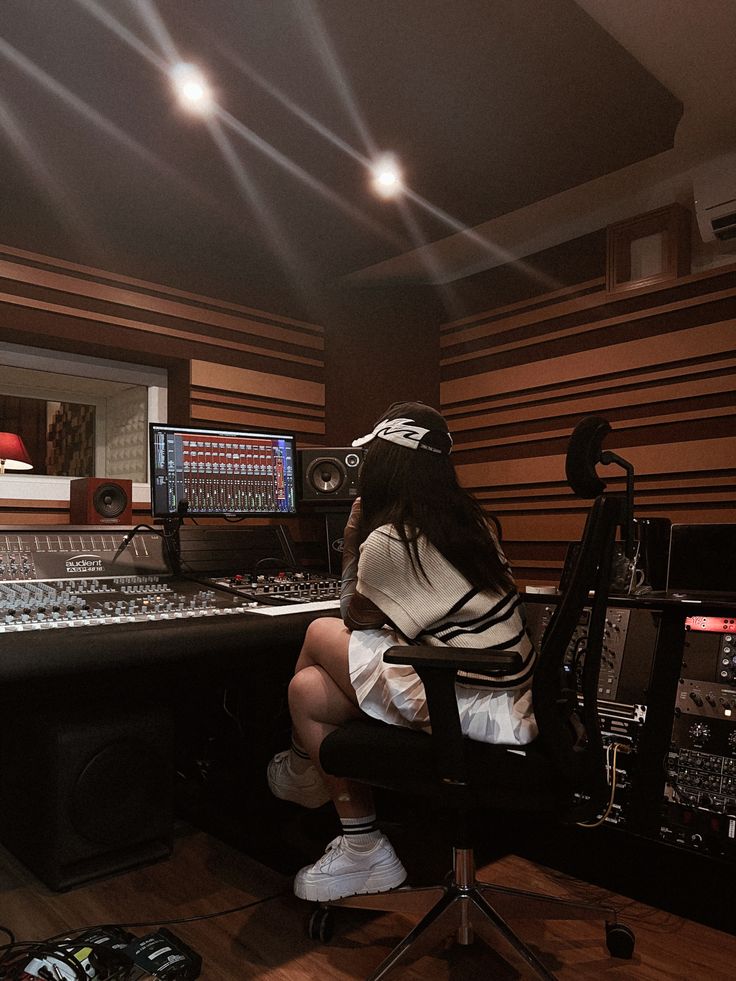 Person in a recording studio working at a sound mixing console, wearing a cap and headphones, focusing on audio production.