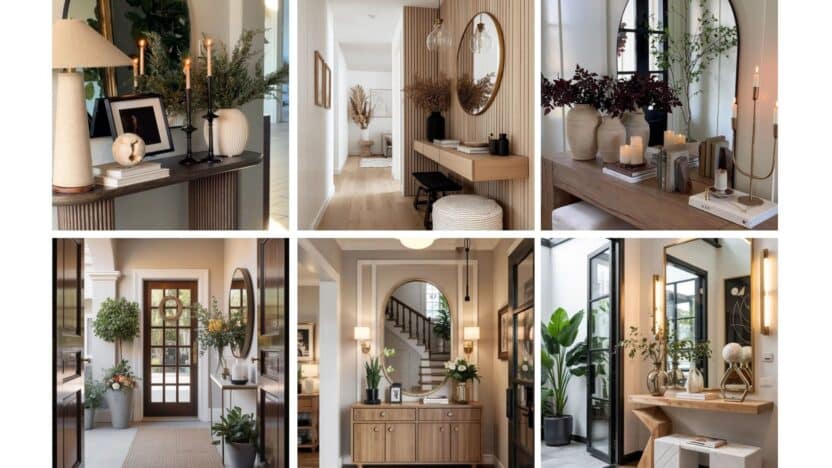Modern entryway decor with mirrors, plants, and elegant lighting. Stylish wood accents create a welcoming and cozy atmosphere.