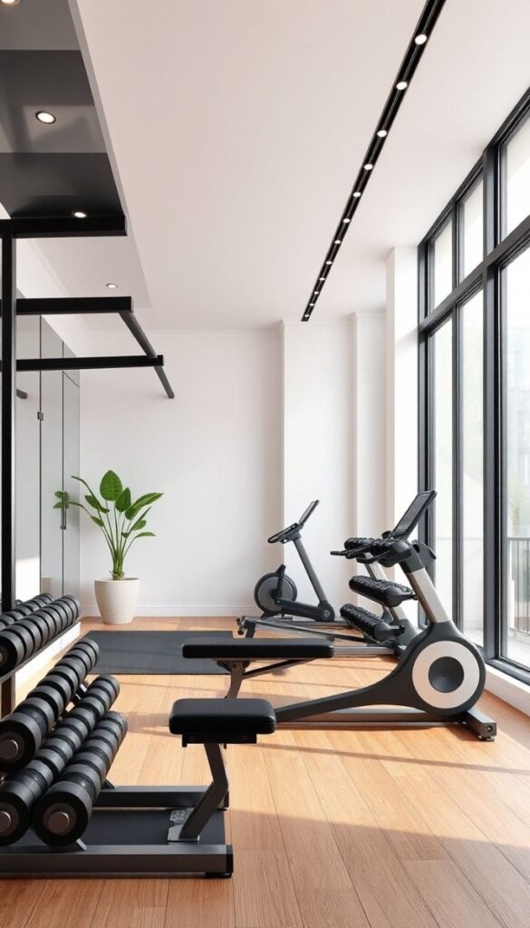 Chic and Compact_ Stylish Minimalist Home Gym Solutions - Handy Home Modern home gym with dumbbells, exercise bike, and bench, featuring large windows and a potted plant on wooden flooring.