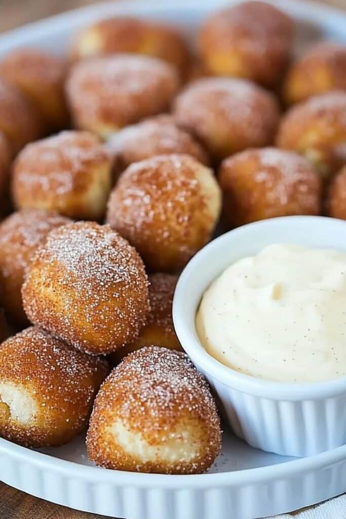 Cinnamon Sugar Pretzel Bites - Handy Home Platter of sugared donut holes with a bowl of creamy vanilla dipping sauce for a sweet treat.