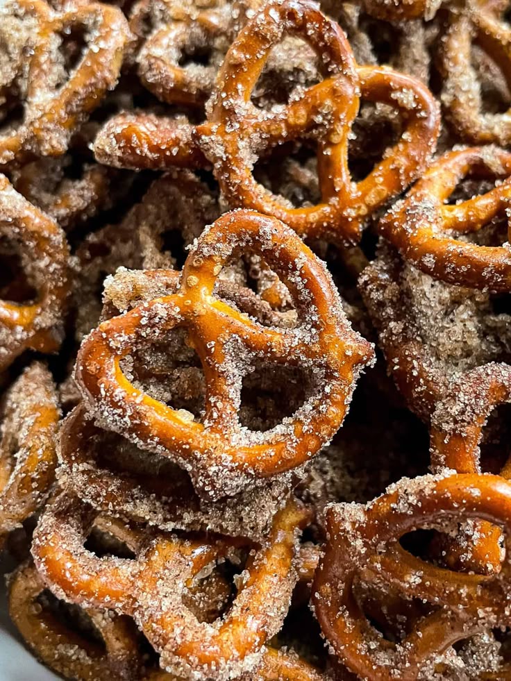 Cinnamon Sugar Pretzels - Cook Fast Eat Well - Handy Home Close-up of sugared pretzels, showcasing their crunchy texture and sweet coating, perfect for a tasty snack or dessert treat.