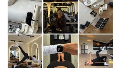 Collage of workout scenes: gym, yoga mat, exercise equipment, and fitness tracking watch, highlighting a healthy lifestyle.