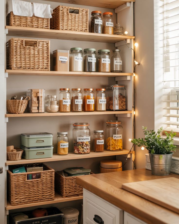 Organized pantry shelves with labeled jars, wicker baskets, and storage containers, showcasing a tidy and efficient kitchen space.