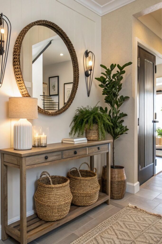 Entryway decor with round mirror, wooden console table, woven baskets, and greenery. Warm lighting and natural textures create cozy ambiance.