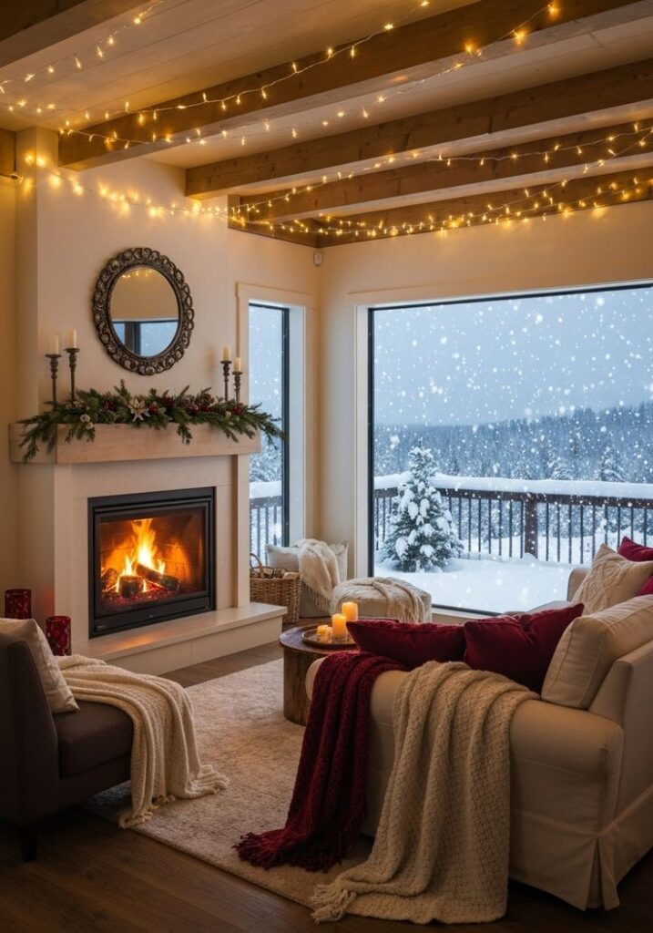 Cozy Lighting Ideas for Magical Winter Nights ✨ - Handy Home Cozy living room with fireplace and fairy lights, snow falling outside large windows. Perfect winter retreat ambiance.