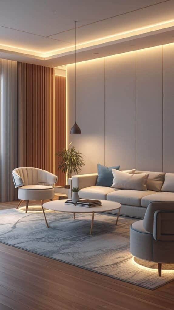 Modern living room with cozy sofa, ambient lighting, stylish decor, and wooden flooring for a chic, contemporary feel.