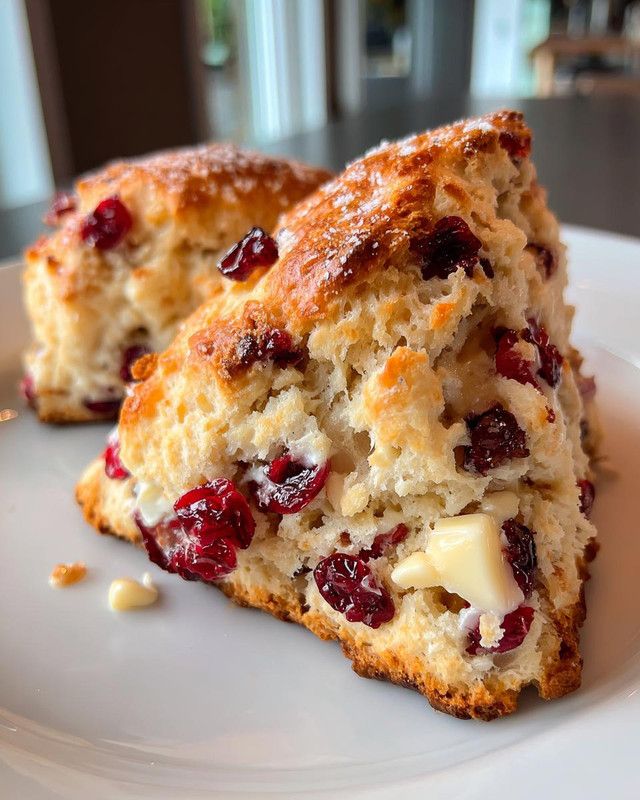 Cranberry White Chocolate Scones Sweet Buttery Bliss - Handy Home Cranberry and white chocolate scones on a white plate, perfect for a cozy breakfast or afternoon treat.