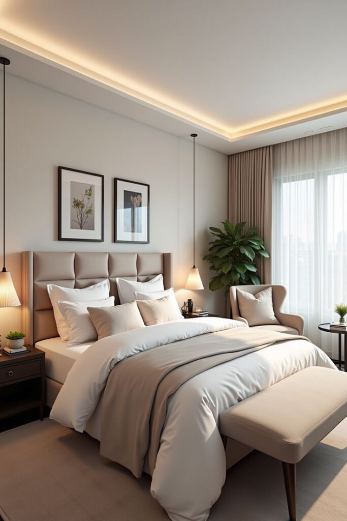 Modern bedroom with cozy beige bedding, elegant decor, soft lighting, and indoor plants by a large window with curtains.