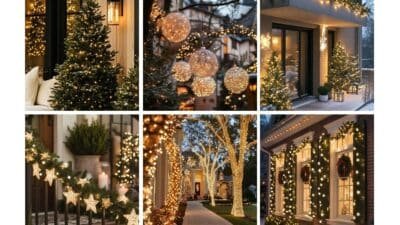 Festive outdoor Christmas decorations with lights, including trees, garlands, and wreaths, creating a cozy holiday atmosphere.