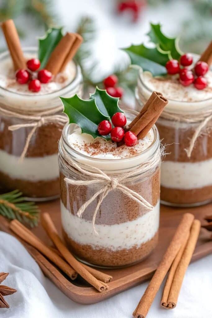 Festive dessert jars topped with holly, cinnamon sticks, and red berries, perfect for holiday celebrations and seasonal decor.