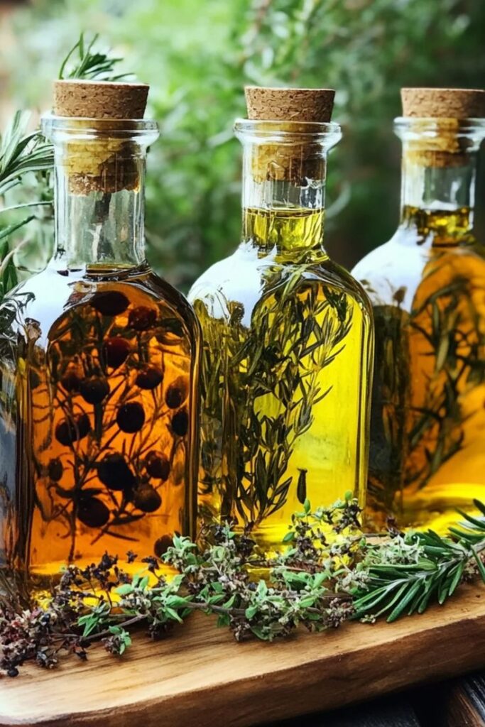 Bottles of herb-infused olive oil with rosemary and spices on a wooden board, perfect for gourmet cooking or salad dressing.