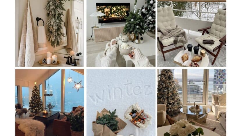 Cozy winter home decor: candles, fir branches, and festive setups create a warm, inviting atmosphere with snowy views.