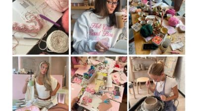 Collage of diverse creative activities: knitting, crafting, reading, pottery, coffee break, and socializing with yarn and art supplies.