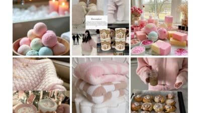 Collage of cozy winter scenes: bath bombs, baked cookies, hot cocoa, soft sweaters, warm socks, and pastel towels for a cozy December vibe.
