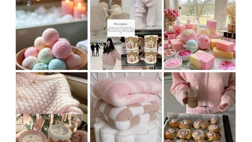 Collage of cozy winter scenes: bath bombs, baked cookies, hot cocoa, soft sweaters, warm socks, and pastel towels for a cozy December vibe.