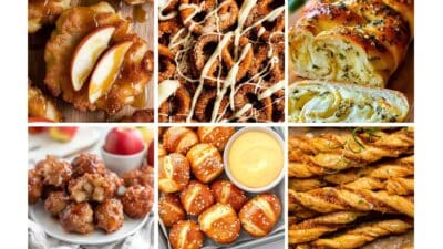 Assorted baked treats including pretzels, cheesy bread rolls, and sweet pastries on display, perfect for snacking or parties.