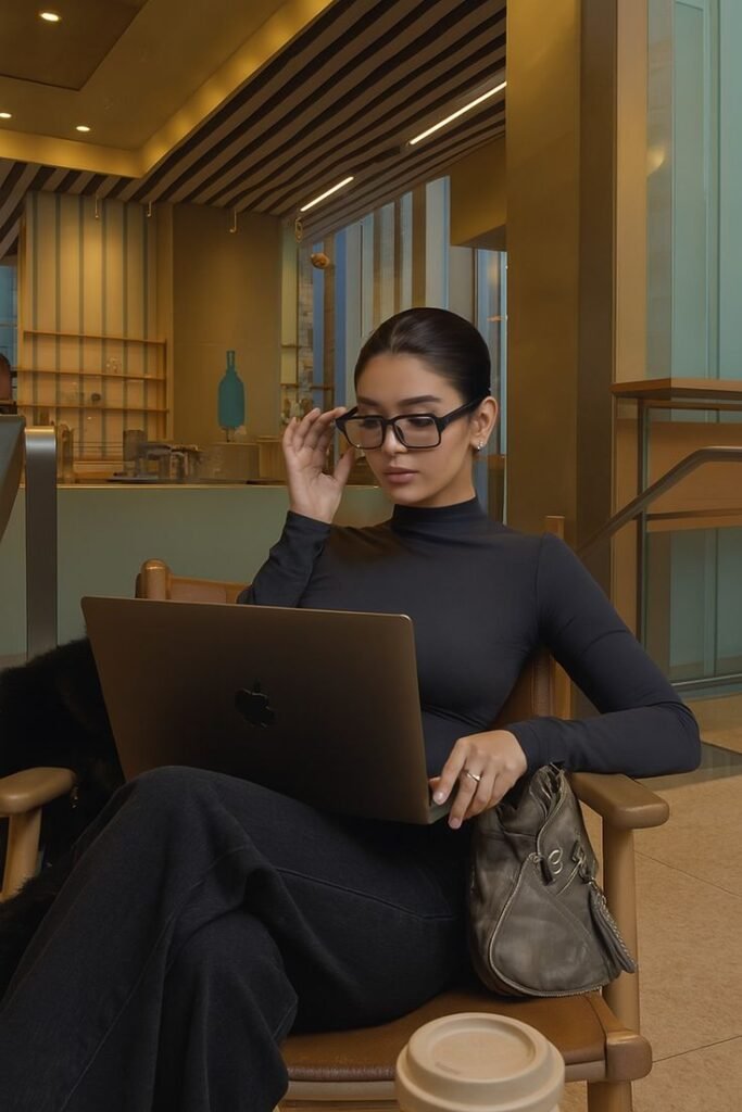 Woman in cafe using laptop, wearing glasses and black top, seated with coffee and handbag. Cozy work vibe.
