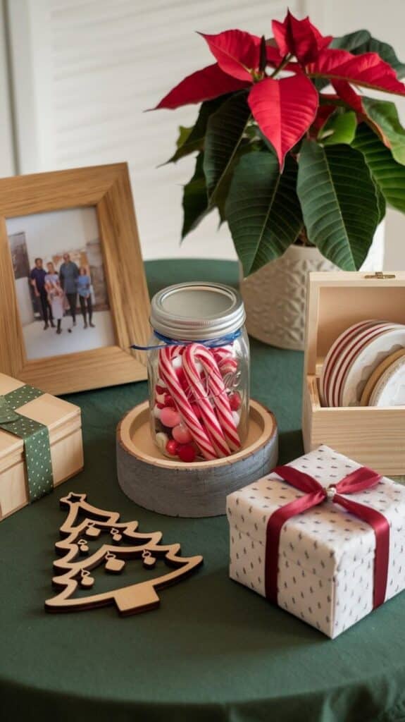 Festive holiday table with poinsettia, gift boxes, candy canes in a jar, and framed photo on green tablecloth.