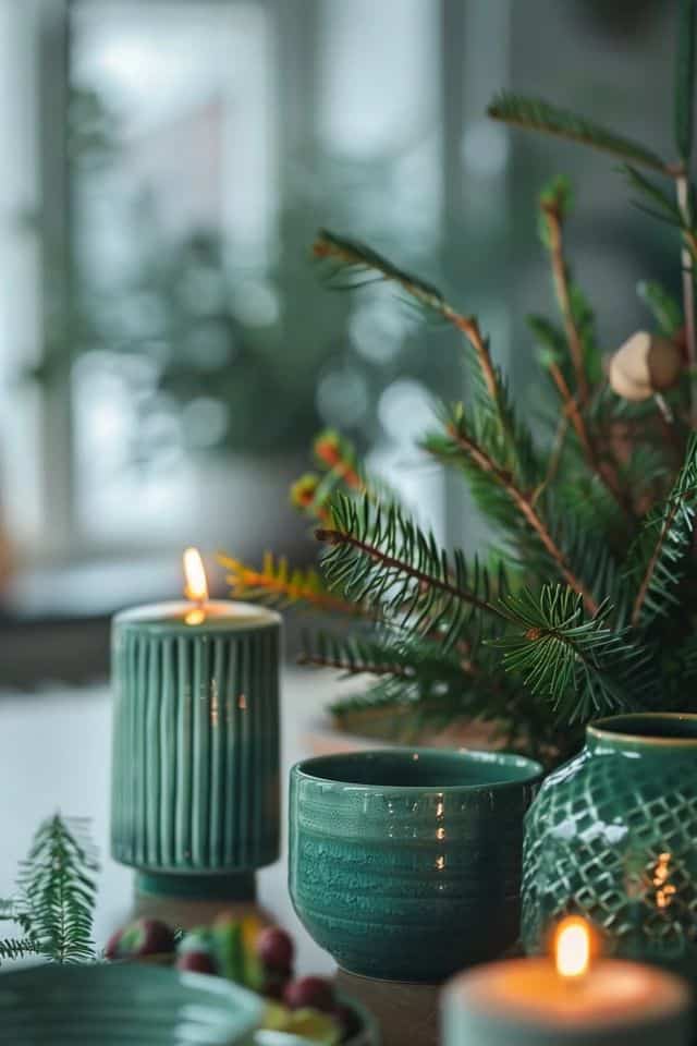 Eco-Friendly Green Christmas Decorations Ideas - Handy Home Lit green candles with evergreen branches on a cozy table setting, creating a warm and festive atmosphere.