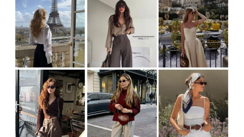 Women showcasing stylish outfits in various settings, including Paris and outdoor cafes. Fashionable and elegant attire.