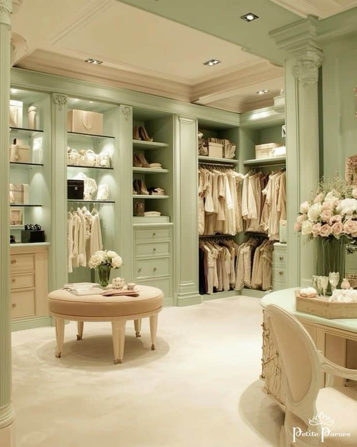 Luxurious walk-in closet with pastel green decor, elegant storage, soft lighting, and stylish clothing displays.