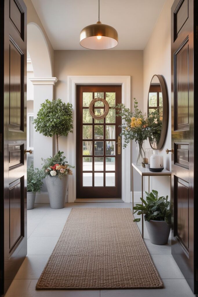 Elegant foyer with plants, round mirror, and glass-panel wooden door. Inviting natural decor and warm lighting create a welcoming entry.