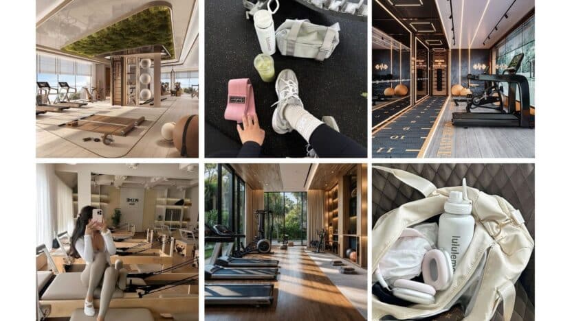Modern gym interiors with fitness gear, treadmills, and yoga mats. Bright, stylish space for workouts and relaxation.