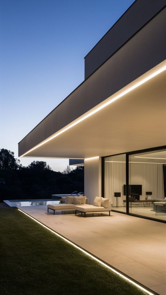 Modern minimalist house with expansive patio, cozy seating, and sleek lighting at dusk, blending with the serene evening sky.