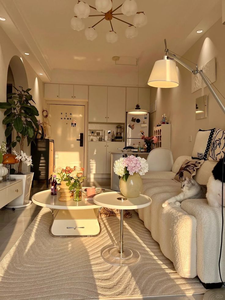 Cozy living room with modern furniture, soft lighting, and decorative plants. A cat lounges on a plush white sofa.