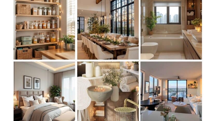 Collage of cozy, elegant home interiors: kitchen, dining room, bathroom, bedroom, spa setup, and living room. Modern decor and natural light.