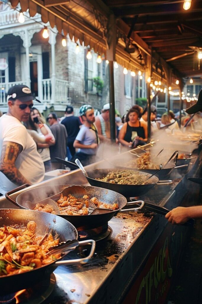 Food Festivals in New Orleans USA - Handy Home Outdoor street food market with sizzling dishes in woks, people enjoying vibrant atmosphere in a charming, historic setting.