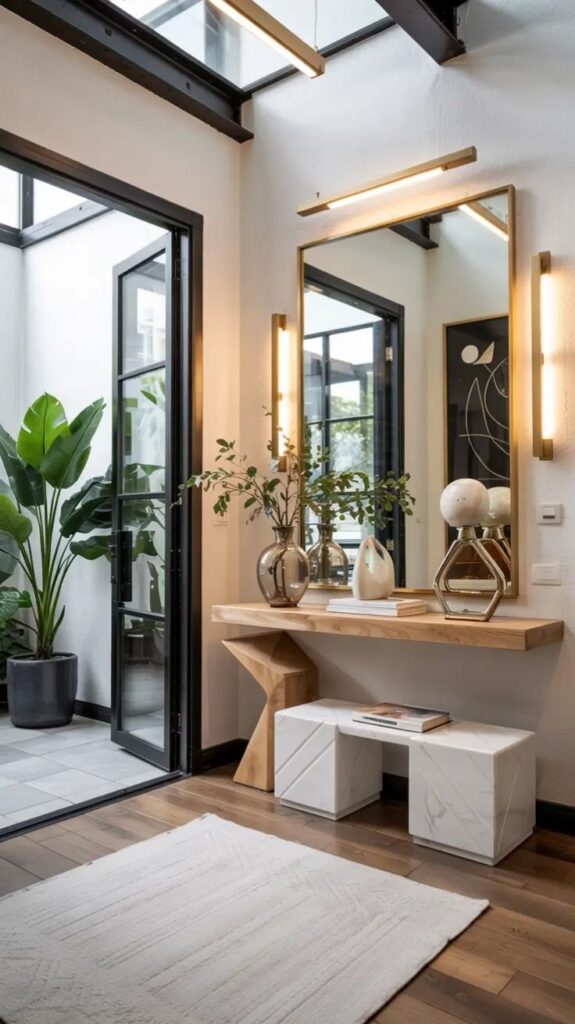 Modern entryway with natural light, wooden console, large mirror, plants, and decorative vases. Cozy, stylish interior design.
