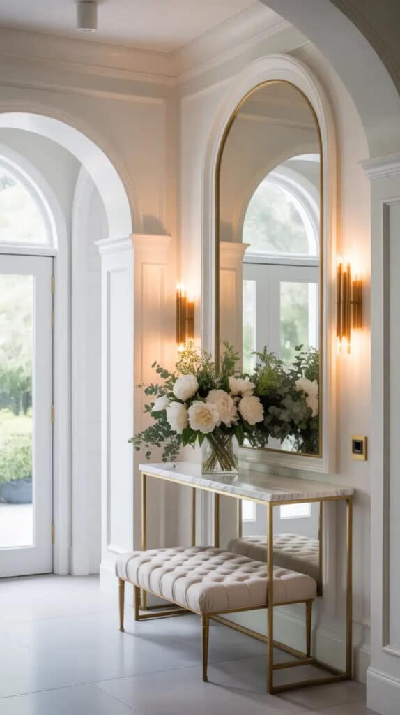 Elegant hallway with arched window, large mirror, cushioned bench, and a floral arrangement on a marble console table. Luxurious interior design.