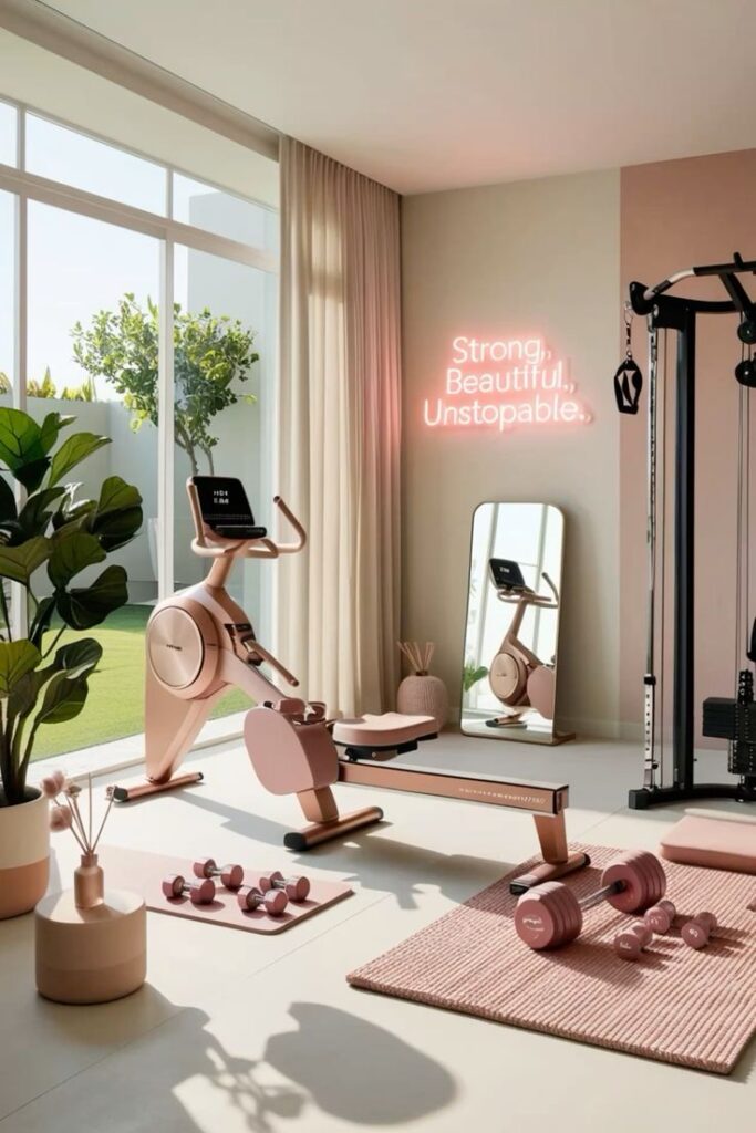 From Yoga to Strength Training_ The Best Gear for Women 🧘_♀️🏋️_♀️ - Handy Home Home gym with modern equipment, exercise bike, weights, and neon sign that reads Strong, Beautiful, Unstoppable.