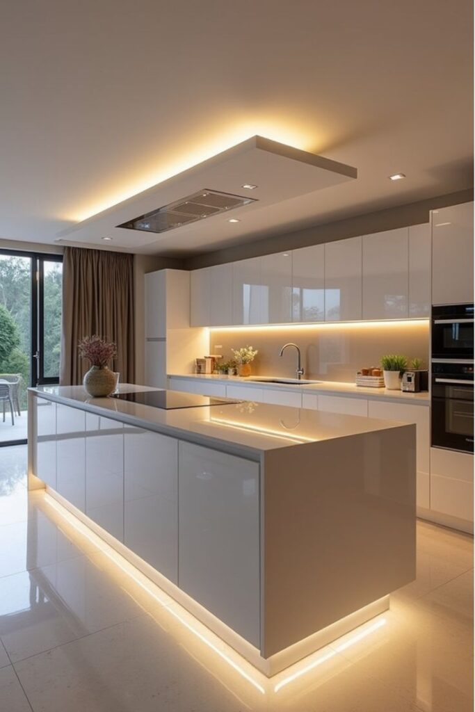 Sleek modern kitchen with LED lighting, glossy white cabinets, and central island. Minimalist design with natural light.
