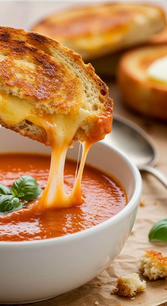 Grilled Cheese Dippers with Tomato Soup - Handy Home Creamy grilled cheese dipped in a rich tomato soup garnished with fresh basil, served in a white bowl. Comfort food delight.