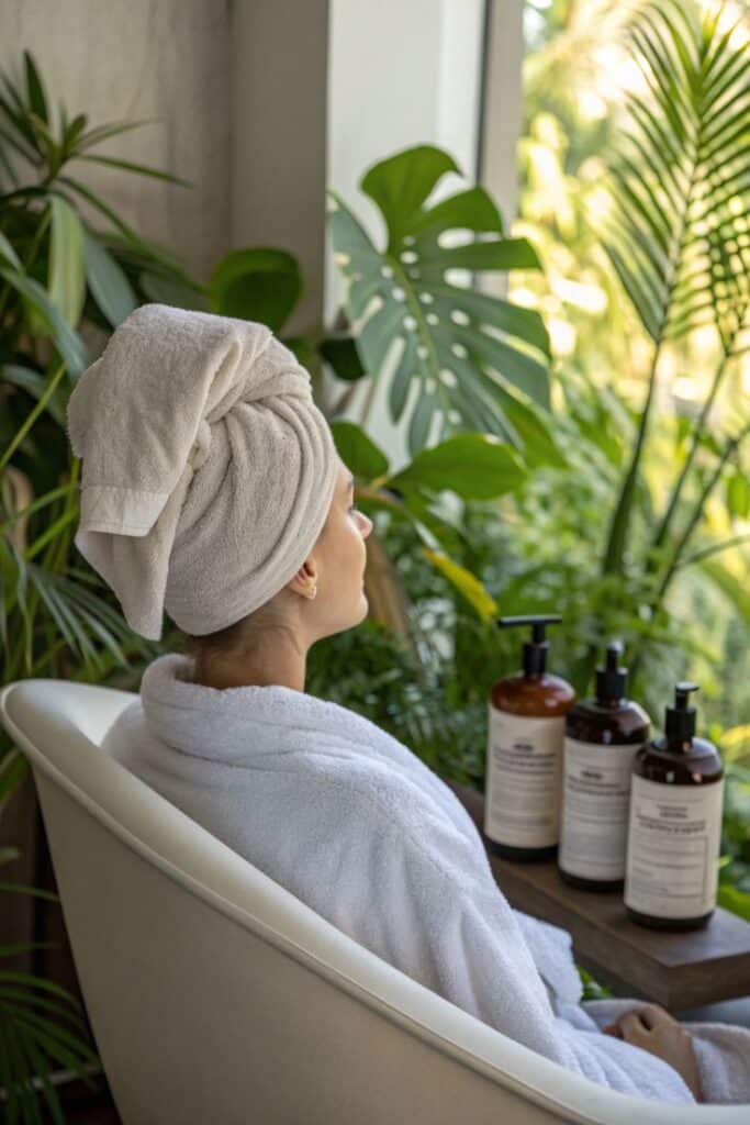 Hair Care Time with Towel-Wrapped Hair 🌿 - Handy Home Woman in a spa robe with a towel on her head relaxes with skincare products by a window, surrounded by lush green plants.