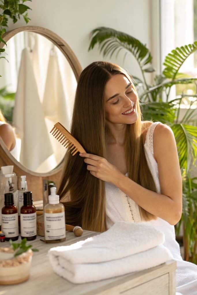 Hair Care Tips for Shiny Healthy Hair - Handy Home Smiling woman combing long hair in a cozy bathroom with haircare products on the vanity.
