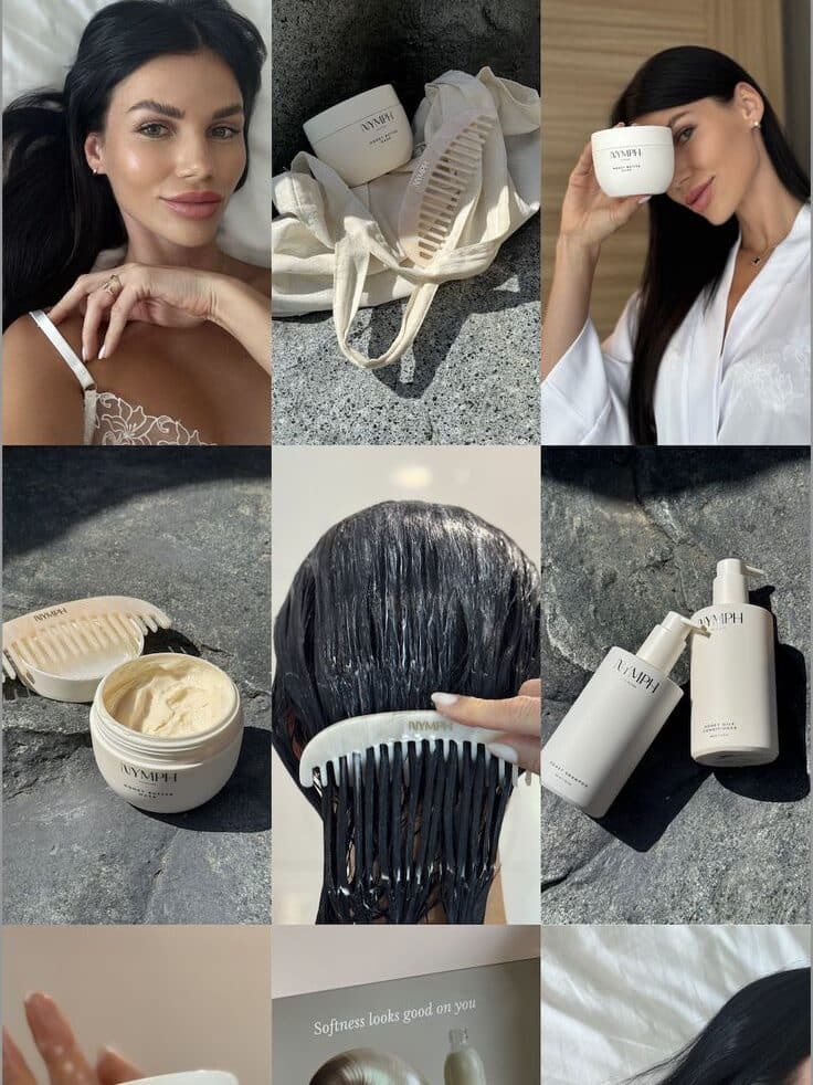Screenshot - Handy Home Collage of a woman using Nymph hair products, including a honey butter mask and comb, promoting soft, healthy hair care.