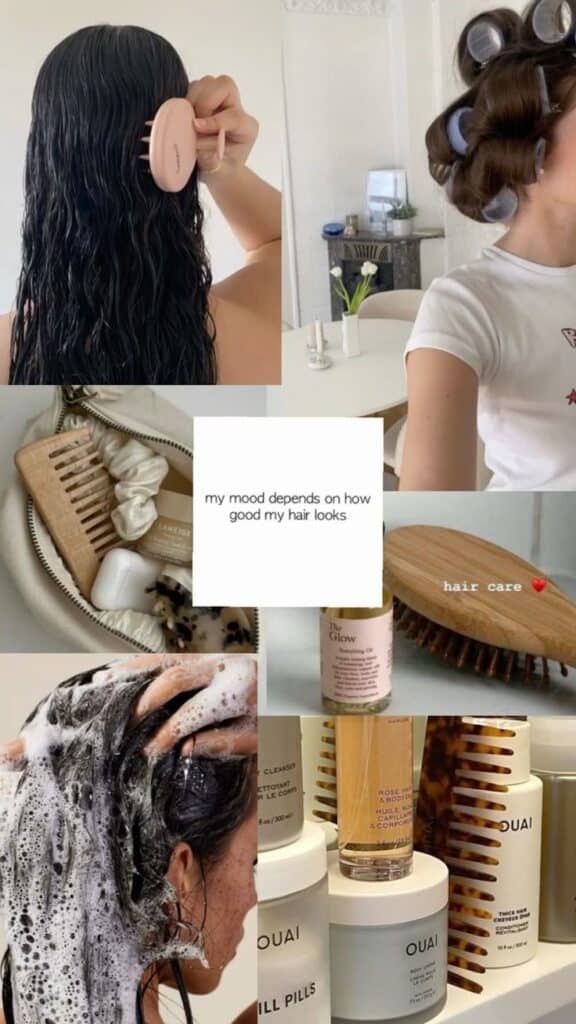 Hair-care aesthetic - Handy Home Collage of hair care routine: brushing, washing with shampoo, using products, and setting with curlers for healthy, styled hair.