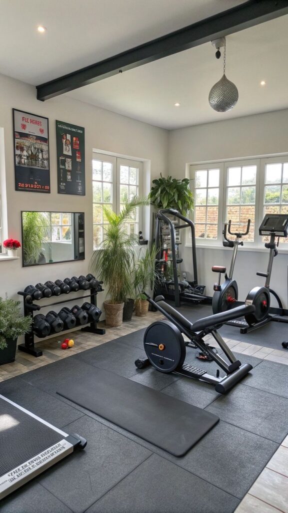 Home gym inspo - Handy Home Home gym with exercise equipment and greenery, featuring weights, treadmill, and exercise bike by large windows for natural light.